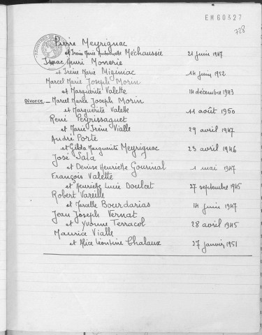 Tables décennales des mariages (1943-1952)