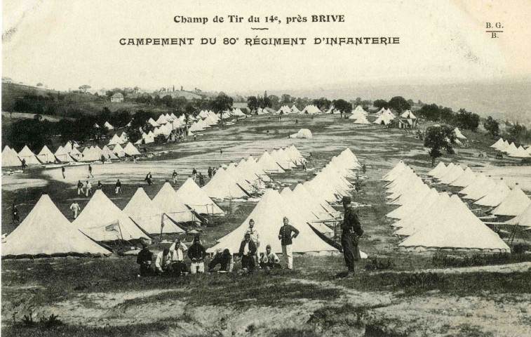 "Champ de tir du 14e, près Brive. Vue panoramique du campement du 80e régiment d'infanterie".