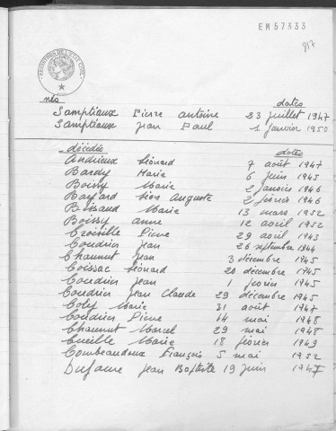 Tables décennales des naissances (1943-1952)