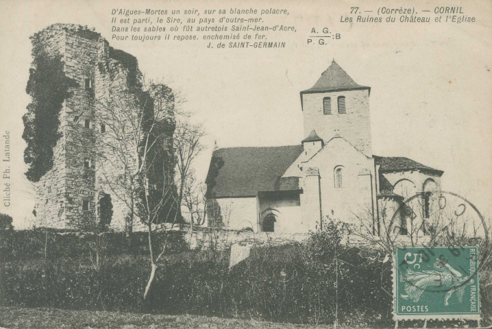Cornil : "77. - (Corrèze). - Cornil - Les ruines du château et l'église".