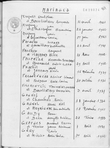 Tables décennales des mariages (1933-1942)