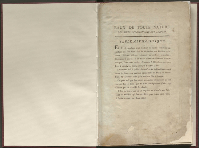 Table des baux de toute nature des biens appartenant aux laïques