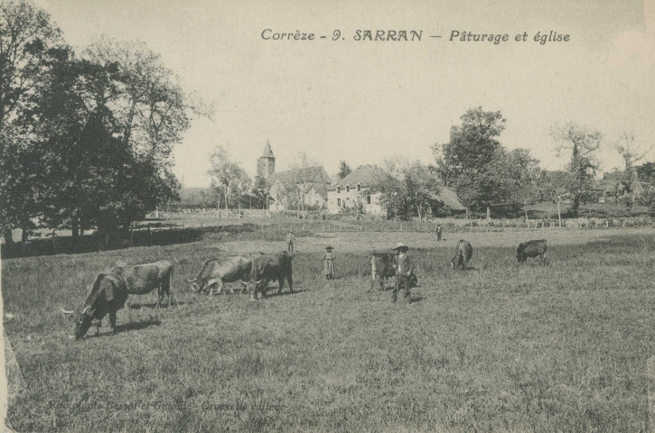 Sarran : "Corrèze - 9. Sarran - Pâturage et église".