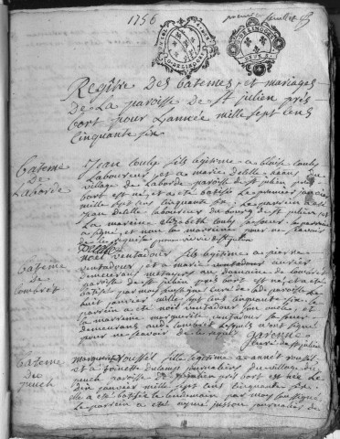 Baptêmes, mariages, sépultures (1756-1773)