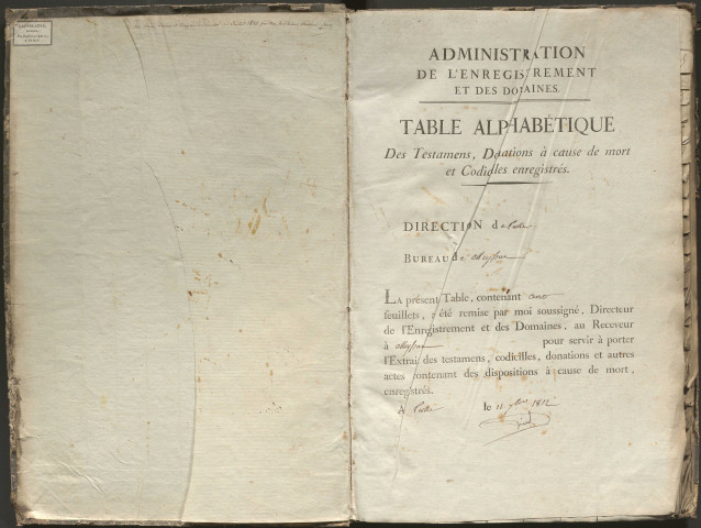 Table alphabétique des testaments, donations à cause de mort et codicilles enregistrés.