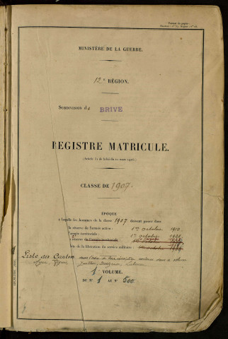 Classe 1907 : matricules 1 à 498.