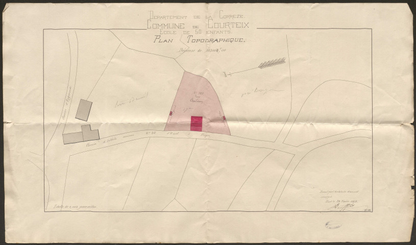 Édifices et travaux.- Maison d'école. Eglise. Presbytère. Cimetière ; concessions. Mairie.