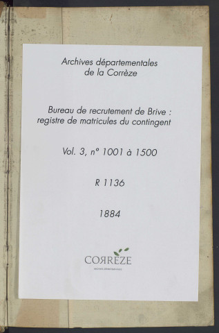 Classe 1884 : matricules 1001 à 1500.