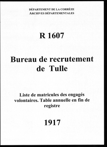 Classe 1917 : table alphabétique de la liste des engagés volontaires.