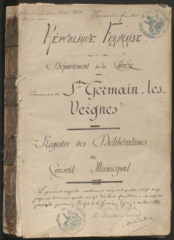 Délibérations du conseil municipal. 15 mai 1887-28 novembre 1920