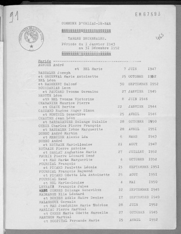 Tables décennales des mariages (1943-1952)