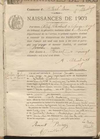 Naissances, mariages, décès (1903-1912).