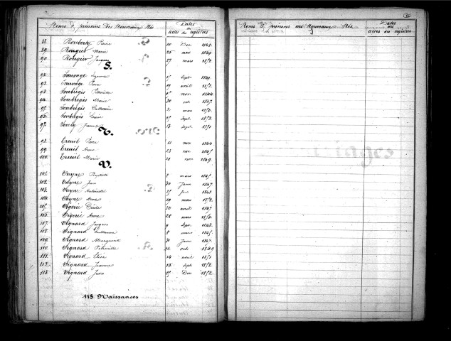 Tables décennales des naissances (1843-1852)