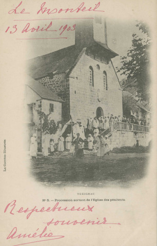 Treignac : "La Corrèze illustrée - Treignac - N°5. - Procession sortant de l'église des Pénitents".
