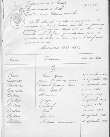 Tables décennales des décès (1933-1942)