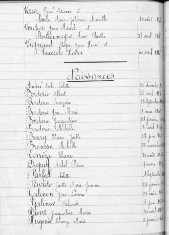 Tables décennales des naissances (1943-1952)