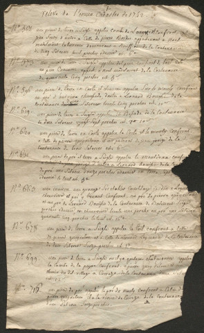 Relevé pour l'ancien cadastre (1742). Reçus pour la levée des vingtièmes (1763). Rôles de la taille (1782-1783). Notifications d'imposition au titre de la taille (1783). Rôles des impositions (1789).