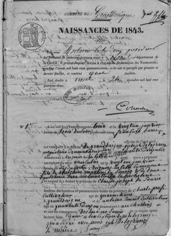 Naissances, mariages, décès (1843-1852)