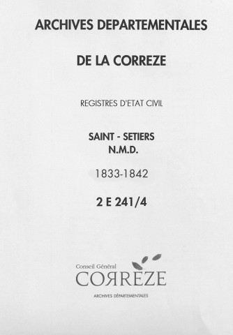Naissances, mariages, décès (1833-1842)