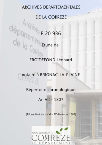 Répertoire chronologique : 18 vendémiaire an VII-27 décembre 1807.