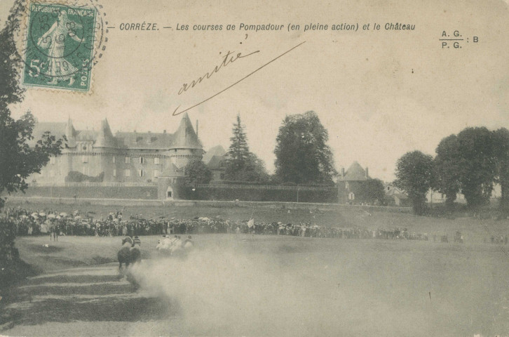 Arnac-Pompadour : "Pompadour - Corrèze - les courses de Pompadour (en pleine action) et le château".