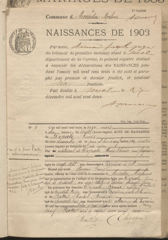Naissances, mariages, décès (1903-1912).