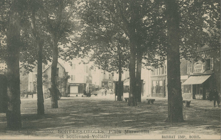 Bort-les-Orgues : "Corrèze - 55. Bort-les-Orgues, place Marmontel et boulevard Voltaire".