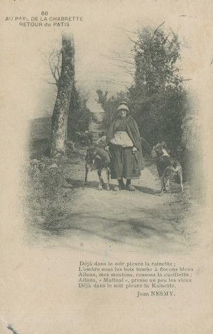 Folklore : "60 Au pays de la chabrette - Retour du Patis - Déjà dans le soir pleure la rainette ; L'ombre sous les bois tombe à flocons bleus Allons, mes moutons, cessons la cueillette ; Allons, "matinal", presse un peu les vieux Déjà dans le soir pleure la rainette.". Poème de Jean Nesmy.