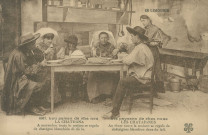Folklore (scènes de) : "En Limousin - 6067. Les paysans de chez nous - Les châtaignes - Au dîner toute la maison se régale de châtaignes blanchies dans du lait". texte en limousin.