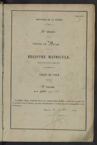 Classe 1883 : matricules 1001 à 1496.