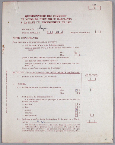 Population : listes nominatives (1911-1936), questionnaire des communes de moins de 2000 habitants à la date du recensement (1962).