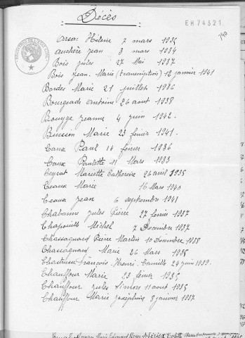 Tables décennales des décès (1933-1942)