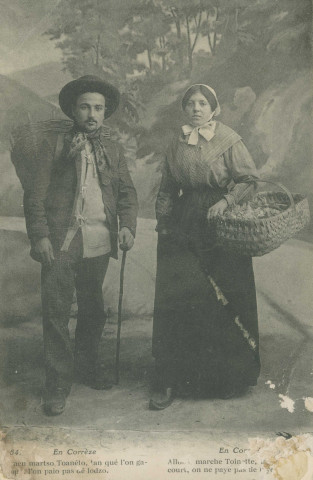Folklore (scènes de) : "54. En Corrèze - Allons, marche Toinette, tant que l'on court, on ne paye pas de loyer.". texte en limousin.