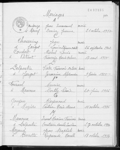Tables décennales des mariages (1933-1942)