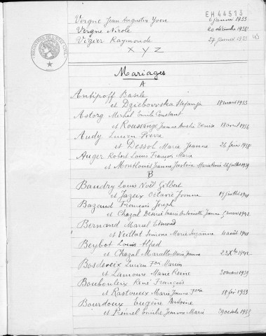 Tables décennales des mariages (1933-1942)