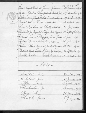 Tables décennales des décès (1943-1952)