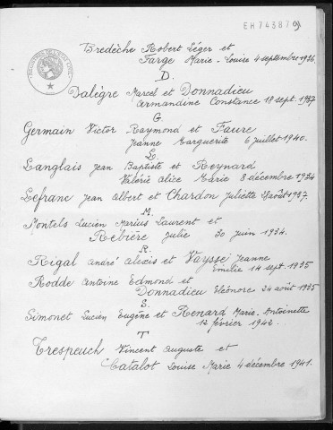 Tables décennales des mariages (1933-1942)