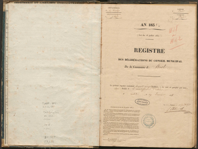 Délibérations du conseil municipal. 28 février 1838-15 mai 1842