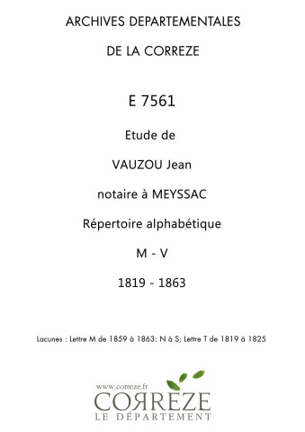 Répertoire chronologique (1819-1863) et alphabétique : M-V