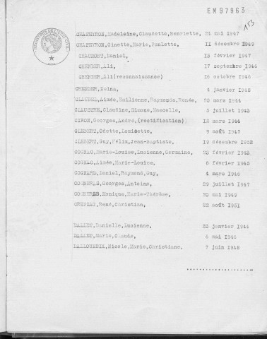 Tables décennales des naissances (1943-1952)