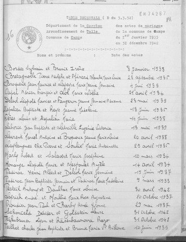 Tables décennales des décès (1933-1942, suite)