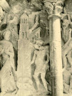 Détail du tympan du portail de l'église : la Tentation du Christ.