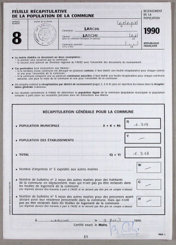 Population : listes nominatives (1954-1975), feuille récapitulative pour le décompte de la nouvelle population et l'attribution de la population fictive (1978-1980), bordereau de district (1982), fiches statistiques (1982), feuilles récapitulatives de la population de la commune (1982-1990).