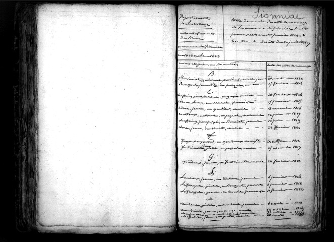 Tables décennales des mariages (1813-1822)