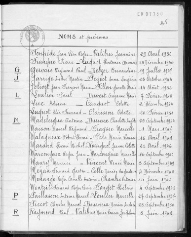 Tables décennales des mariages (1943-1952)