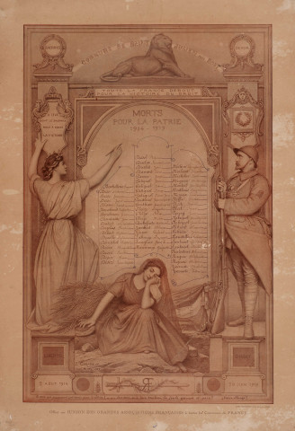 Brevet offert par l'Union des Grandes Associations à la commune de Saint-Julien-prés-Bort où sont inscrits les "morts pour la France" de la guerre de 1914-1918.