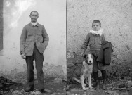 Deux portraits : homme debout devant le mur d'une maison, main dans la poche et enfant debout devant le mur d'une maison, près d'un chien.