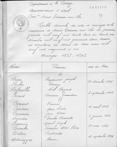Tables décennales des mariages (1933-1942)