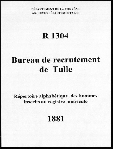 Classe 1881 : table alphabétique.