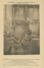 Saint-Angel : "Saint-Angel - Panneau artistique (XVIIe s.) - LE PORTIER QUI DORT - Moine défunt à genoux et mains jointes sollicite son entrée en paradis. Etrange attitude du bon St-Pierre ! C'est un refus douloureux dont le coq est ahuri ! Non, mais après plusieurs nuits blanches, St-Pierre fatigué, s'est assis et dort. Très avisé. Clef du paradis attachée à sa ceinture. On n'entrera pas en surprise".